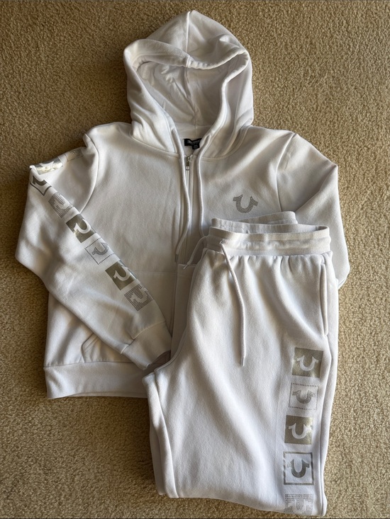 True Religion Pants - True Religion White Hoodie and Jogger Matching Set with Silver Logos